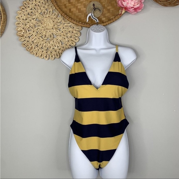 Aerie Womens Swimsuit Large Multicolor Striped One Piece Low Cut Deep V-Neck - Picture 1 of 5